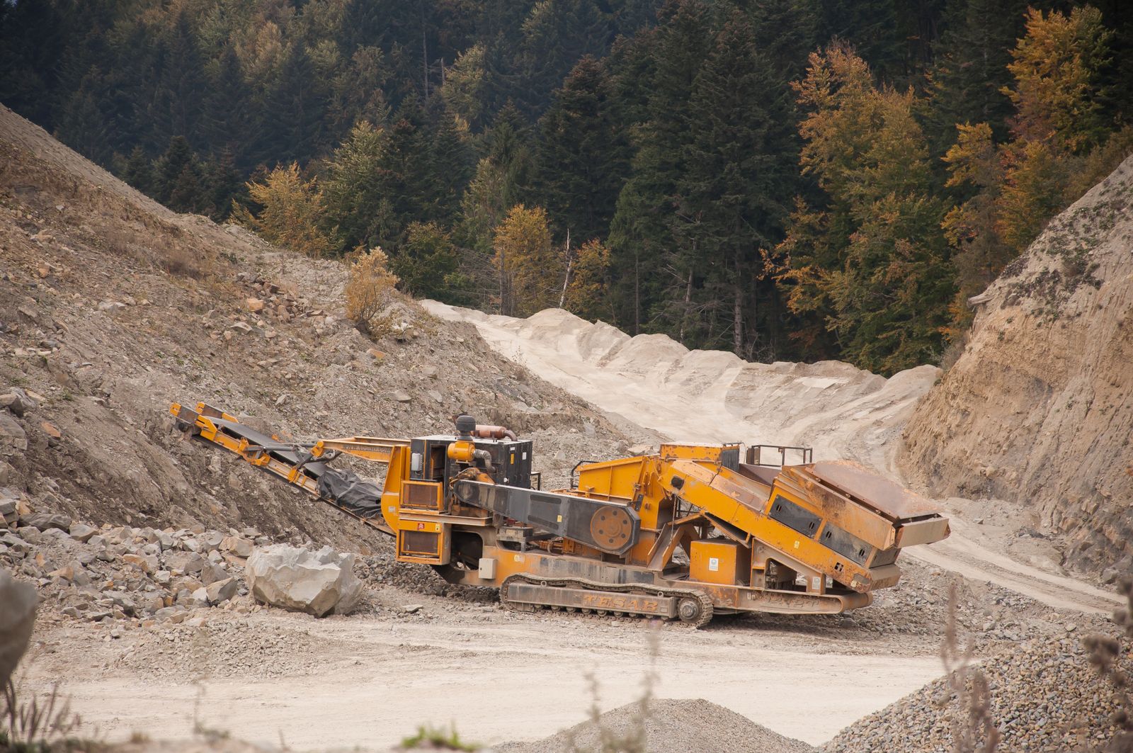 Industrial jaw crusher in a stone quarry